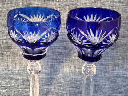 2x Kristall Weinglas Überfangglas Kobaltblau Schliff Vintage Kelchglas Set