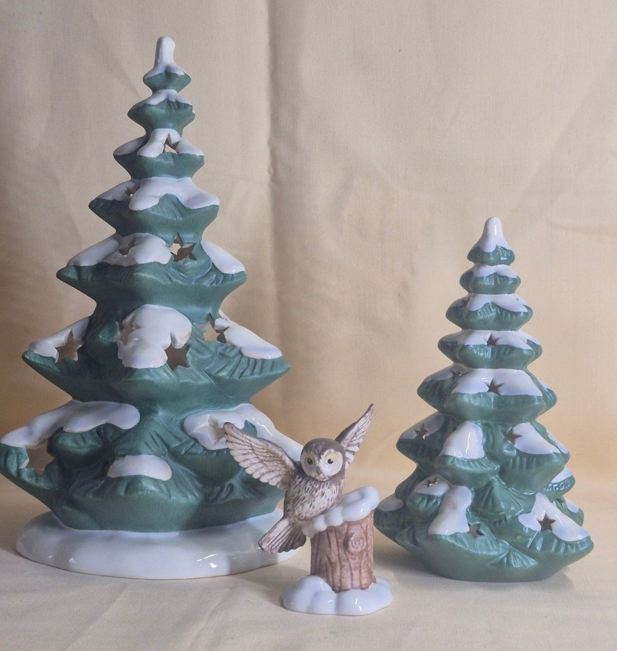 Goebel Weihnacht Porzellan Set 2 Tannenbäume + Eule Figur Teelicht Weihnachten