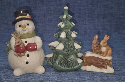 Goebel Porzellan Weihnacht  Figurenset Schneemann Tannenbaum Hasen 3-tlg