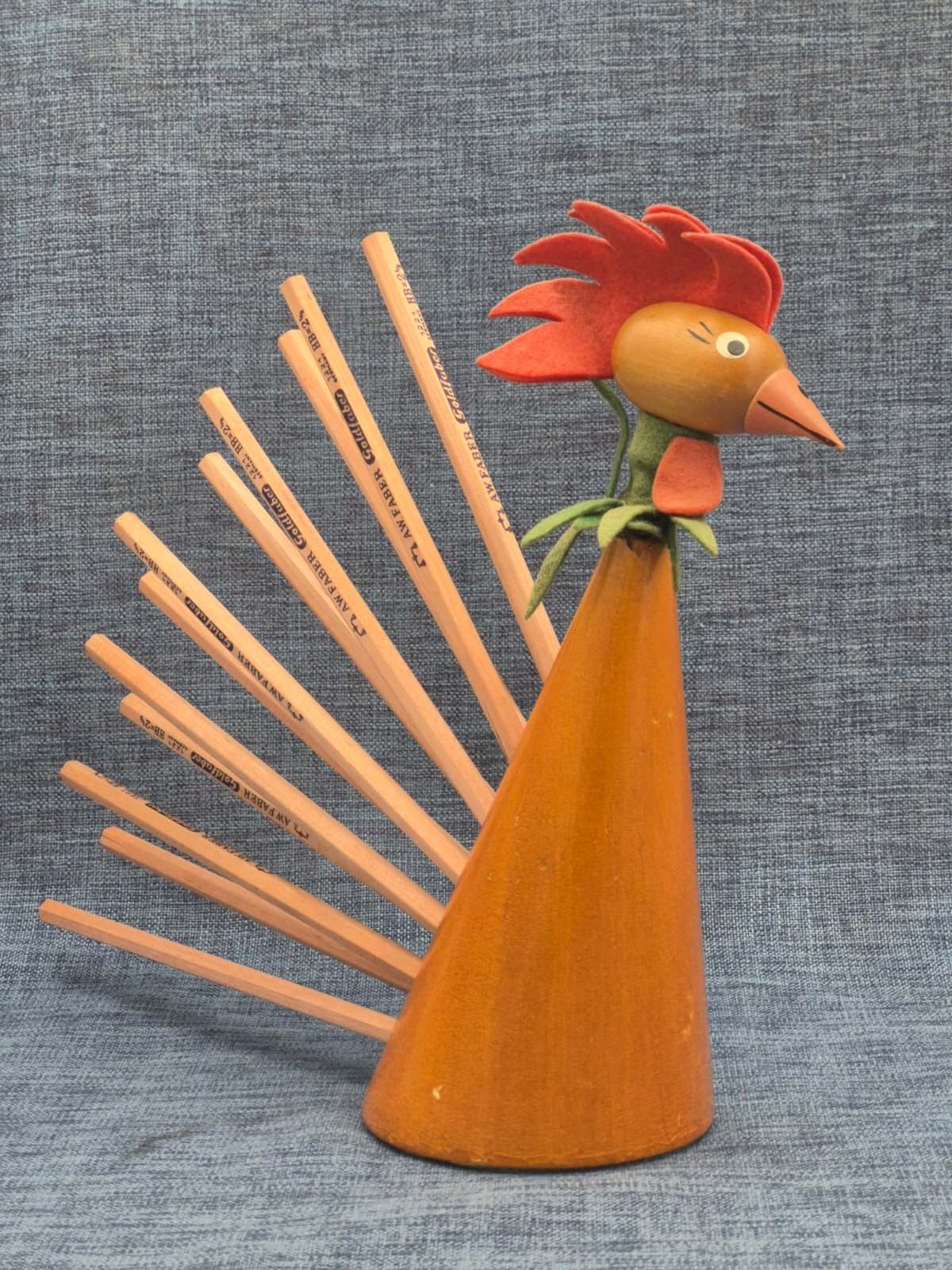 Wackelkopfhahn - Bobble Head - Buntstifthalter - Holz - Denmark - Mid Century