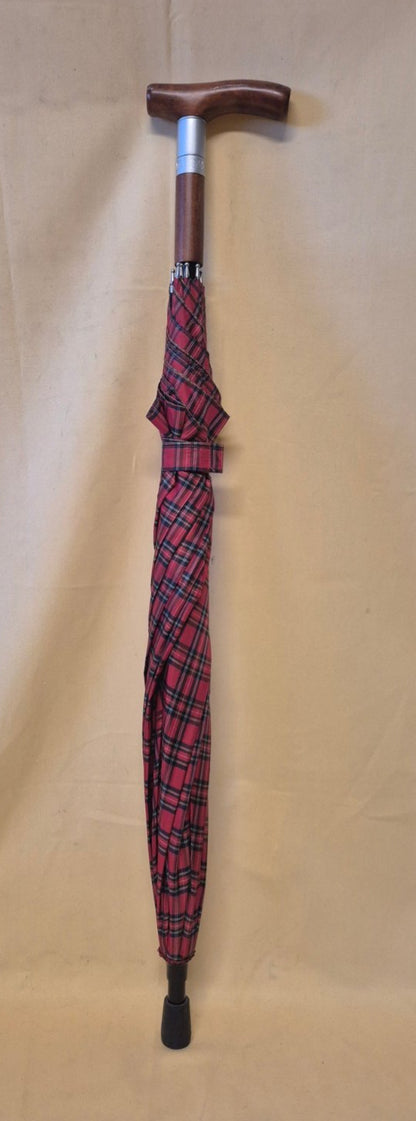Gehstock mit Regenschirm Royal Tartan Holzgriff Schirm 2in1 Spazierstock rot