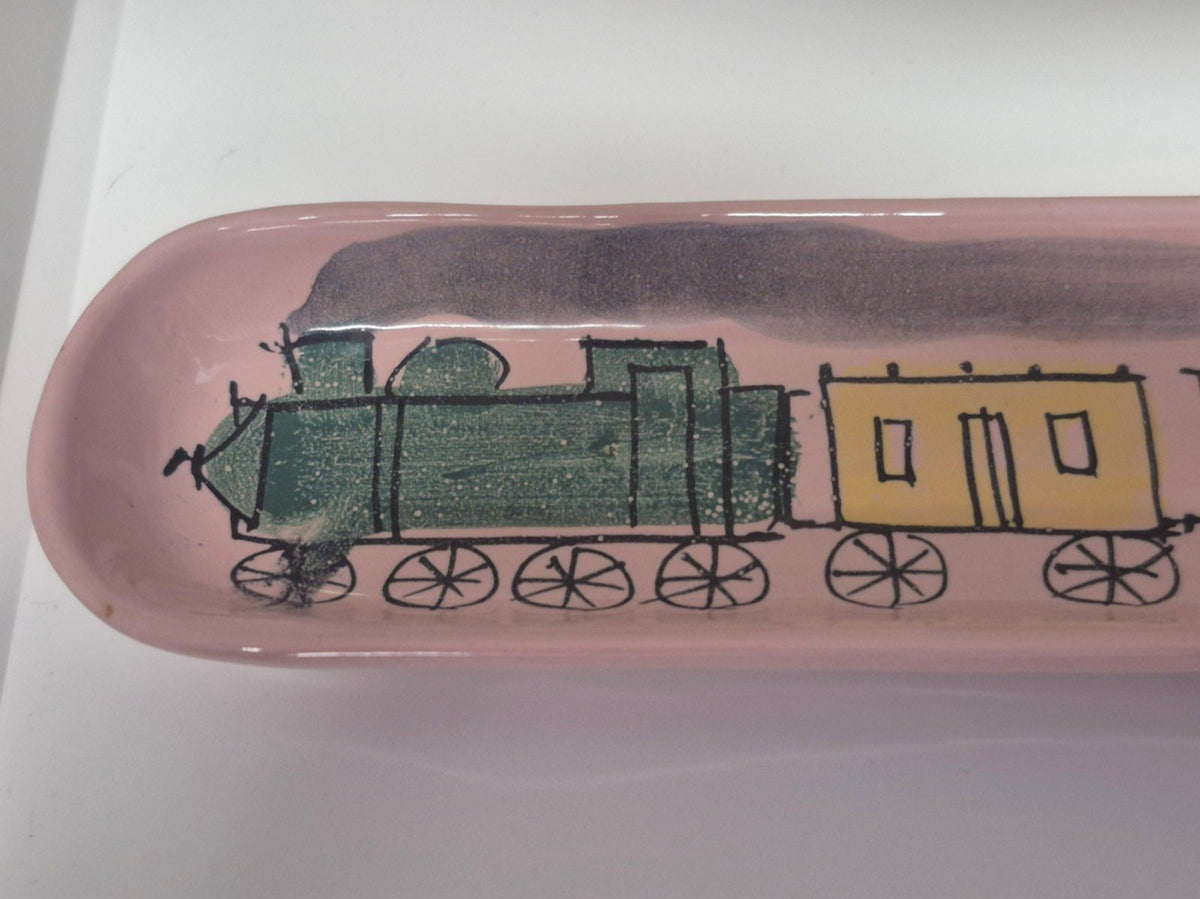 Keramik Schale Eisenbahn Motiv Italy 95/349 rosa lang Mid Century 21 cm lang