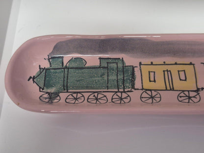 Keramik Schale Eisenbahn Motiv Italy 95/349 rosa lang Mid Century 21 cm lang