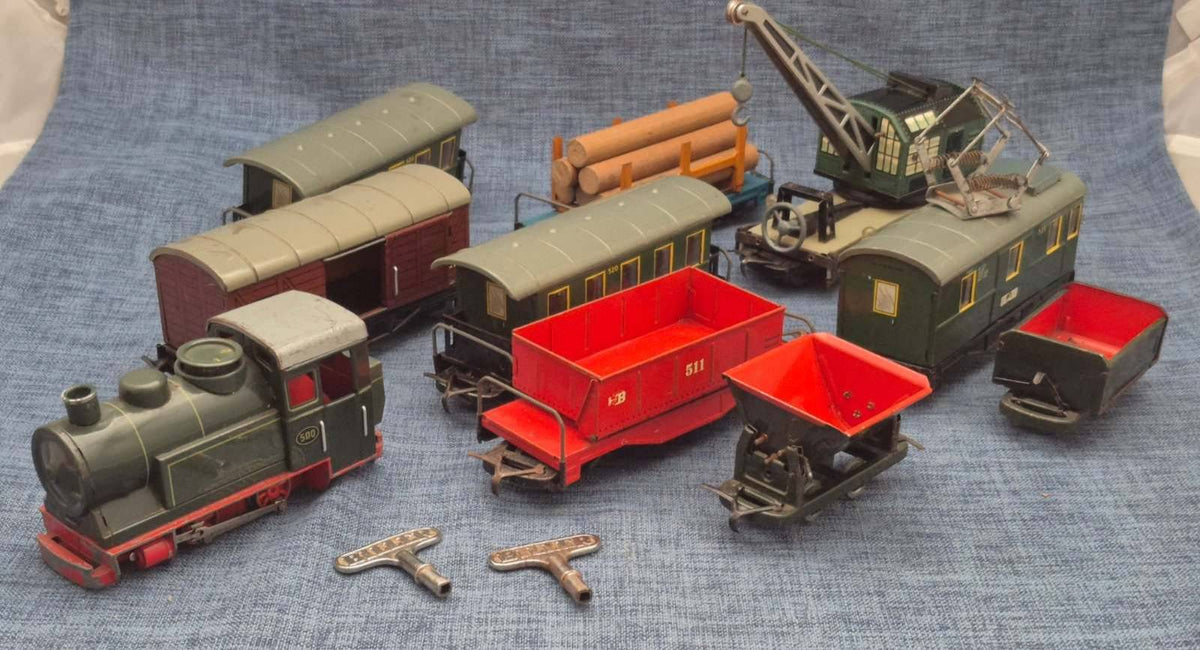 Biller Blecheisenbahn Konvolut Uhrwerk Lok 500 Waggons Kran Spur 0 Mid Century