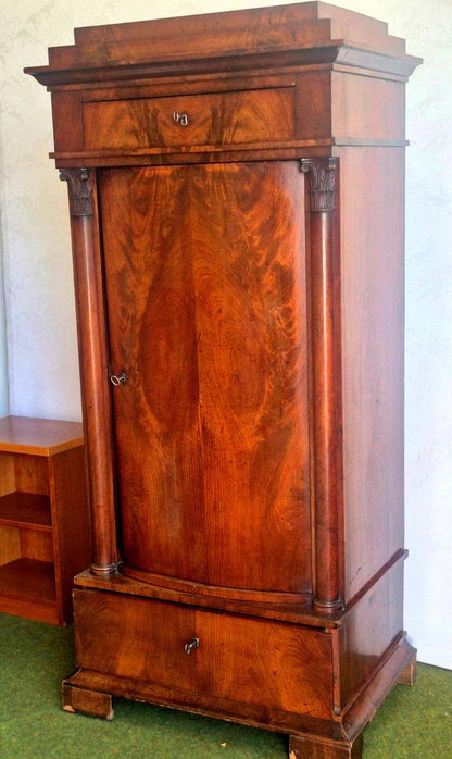 Antiker Biedermeier Vertiko Mahagoni Säulen Schrank 19. Jh. 1 Tür 2 Schubladen