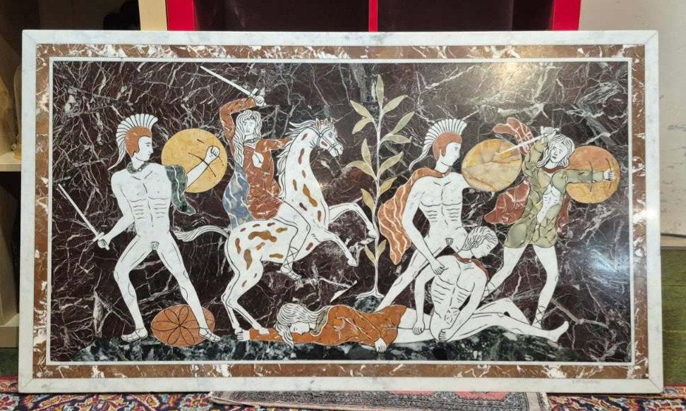 Marmor Intarsien Platte Antike Krieger Mythologie Tischplatte ca 120x 69 cm