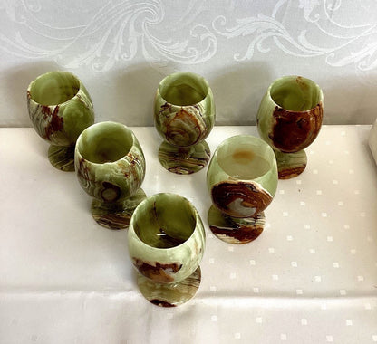 6x Onyx Marmor Kelche Weinkelche Becherset grün braun vintage Naturstein, H 10cm