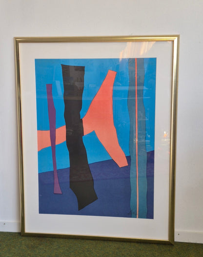 Abstrakter Siebdruck signiert gerahmt Goldrahmen Vintage Kunst 70er 80er