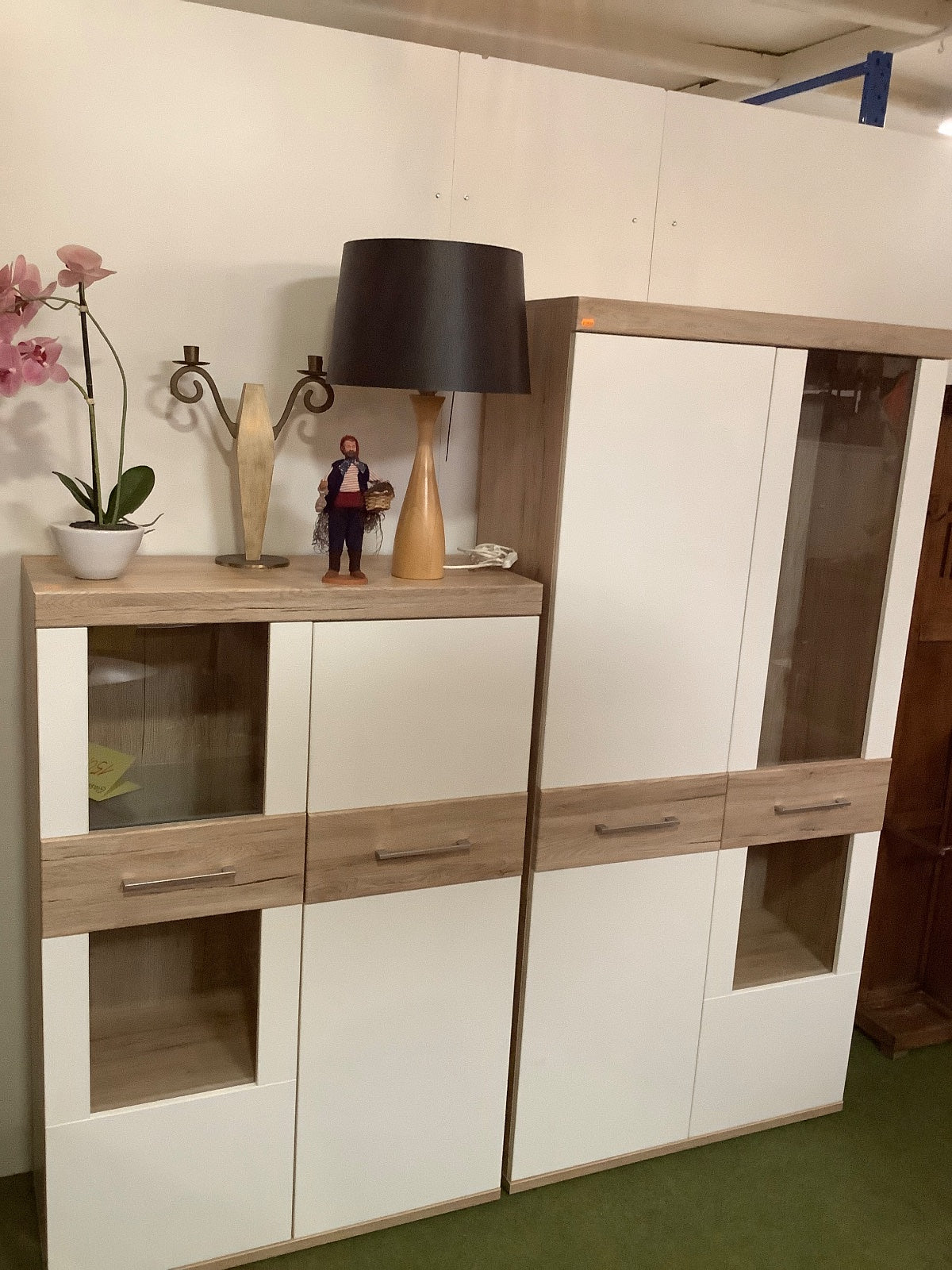Wohnwand Schrankwand Vitrine Sideboard weiß Eiche modern 2-teilig