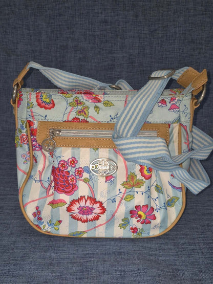 Oilily Umhängetasche Crossbody Bag Blumen Streifen Hellblau Bunt Damen