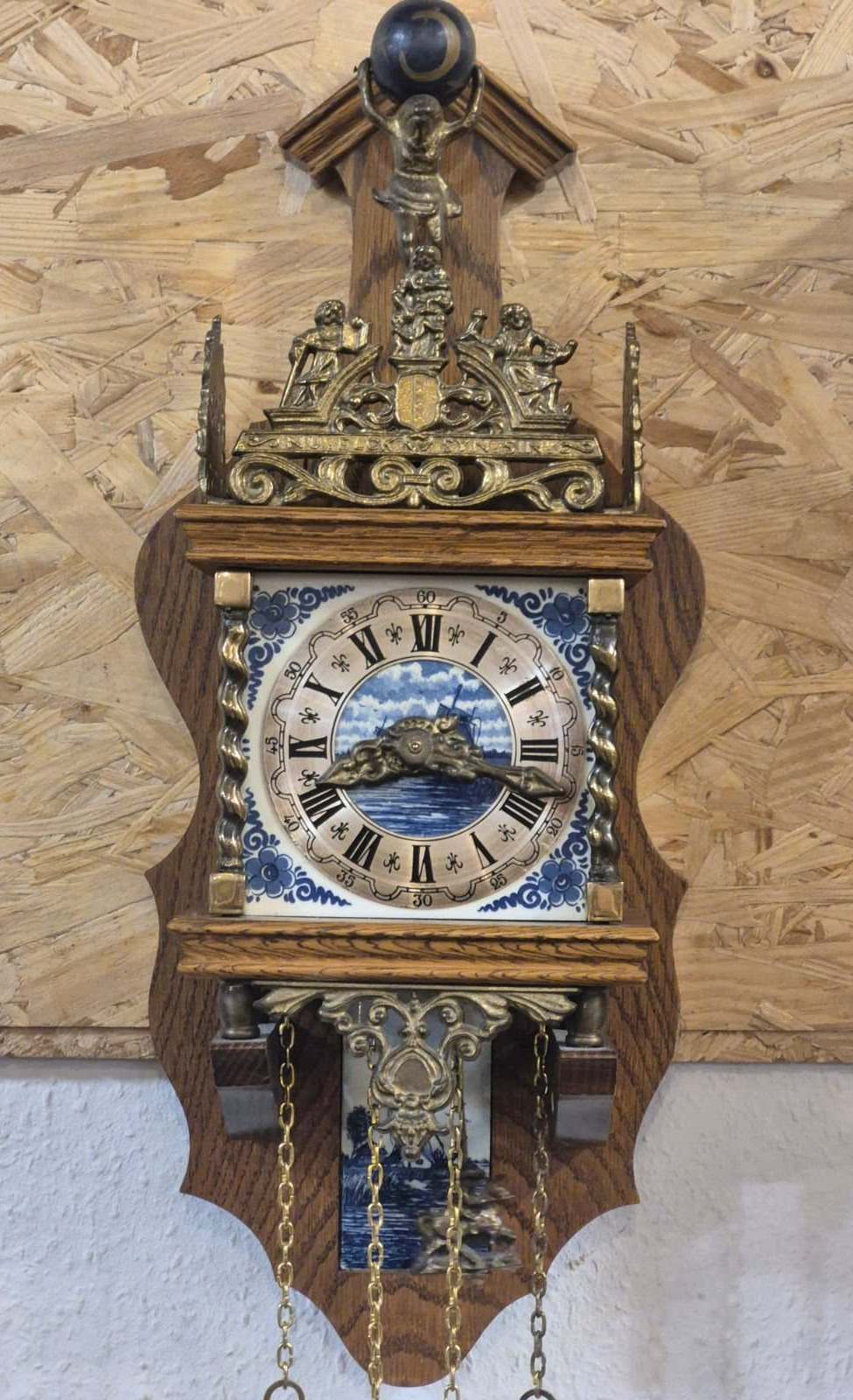 Holländische Zappler Wanduhr Delfter Fliesen Messing Gewichte UCW Uhrwerk