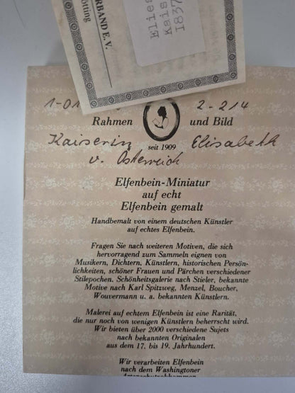 Elfenbein-Miniatur Kaiserin Elisabeth Sissi Österreich handbemalt mit Zertifikat