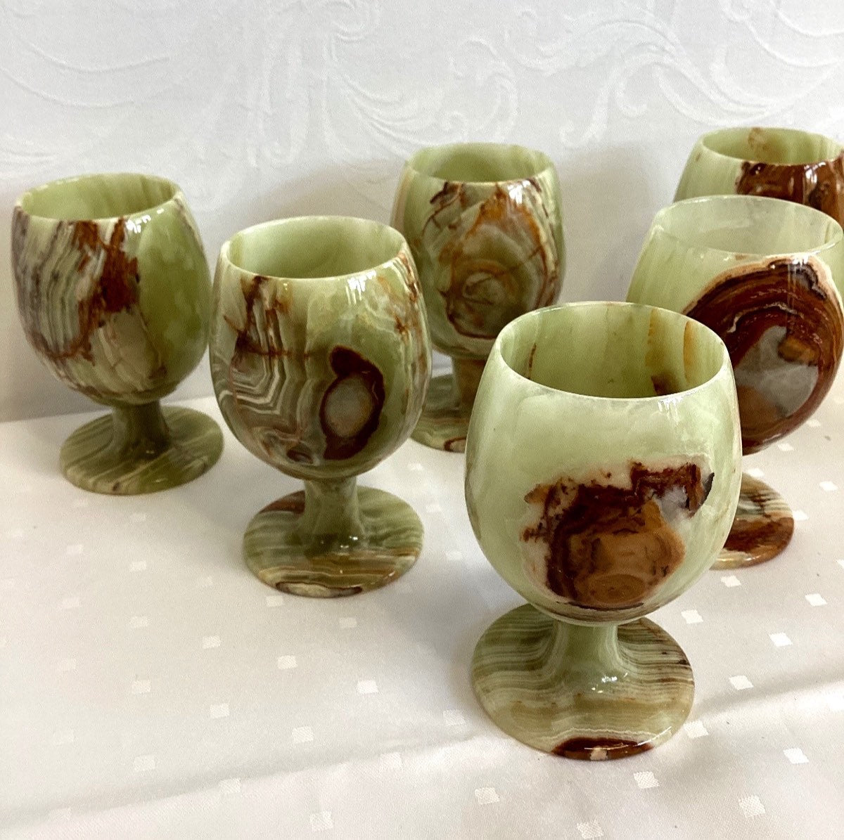 6x Onyx Marmor Kelche Weinkelche Becherset grün braun vintage Naturstein, H 10cm