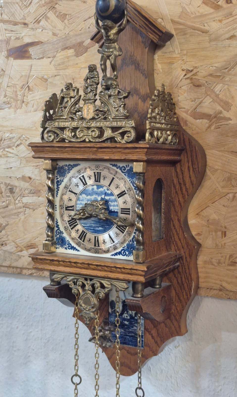 Holländische Zappler Wanduhr Delfter Fliesen Messing Gewichte UCW Uhrwerk