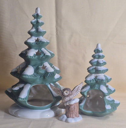 Goebel Weihnacht Porzellan Set 2 Tannenbäume + Eule Figur Teelicht Weihnachten