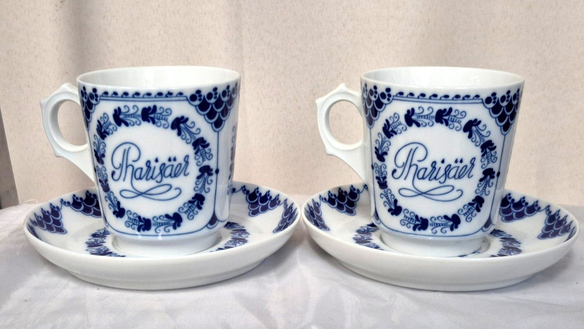 Hutschenreuther Pharisäer Kaffeebecher Set 4tlg Porzellan Blau Weiß Germany