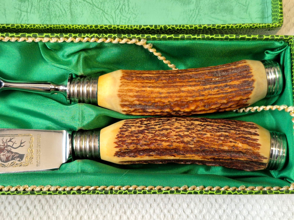 Baron Solingen Tranchier-Set Hirschhorn Jagd Messer Gabel Stainless Germany