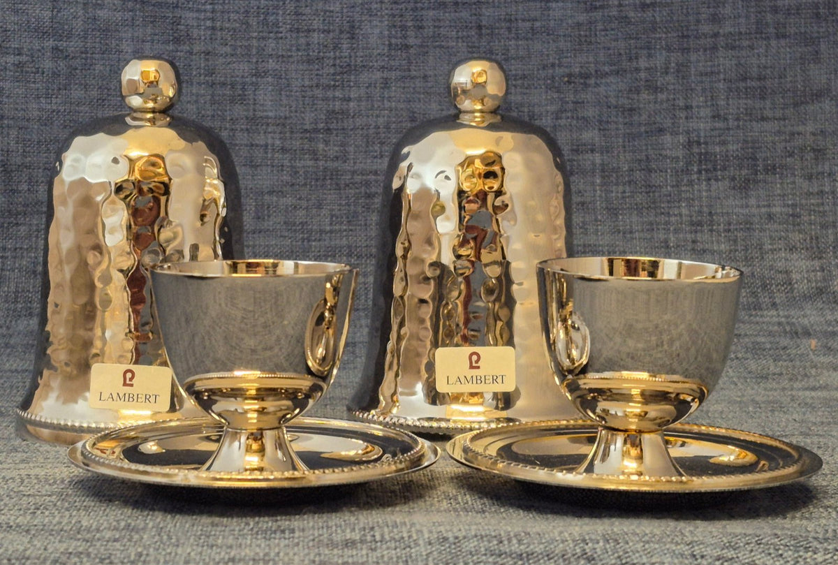 Lambert Eierbecher Set 2x gehämmert Metall Haube Unterteller silber neuwertig