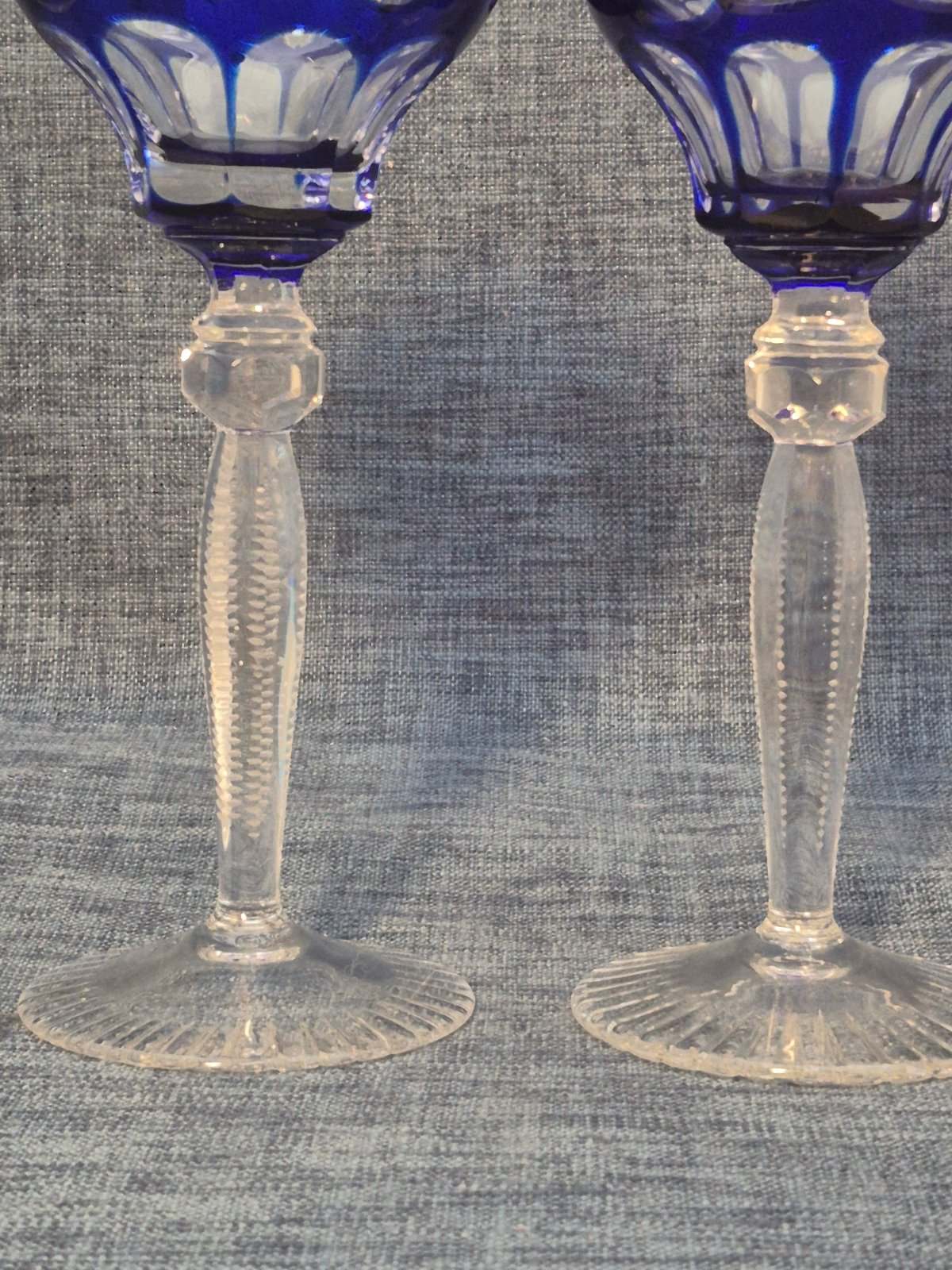 2x Kristall Weinglas Überfangglas Kobaltblau Schliff Vintage Kelchglas Set