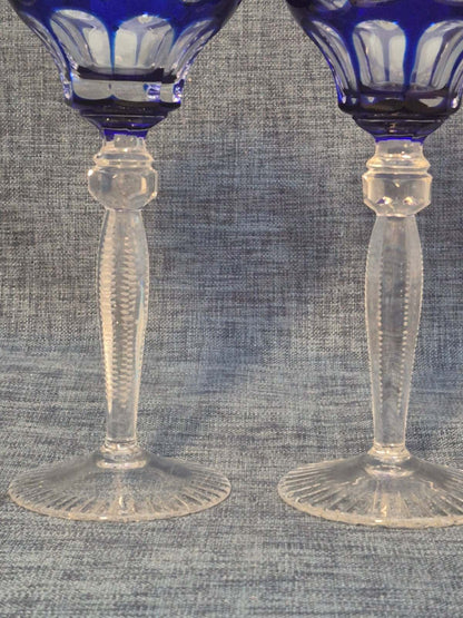 2x Kristall Weinglas Überfangglas Kobaltblau Schliff Vintage Kelchglas Set