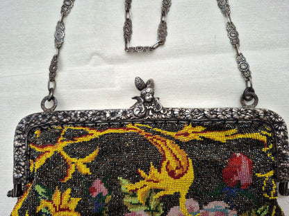 Glasperlenstickerei Abendtasche 800 Silber Rahmen Engel Blumen Jugendstil 1900