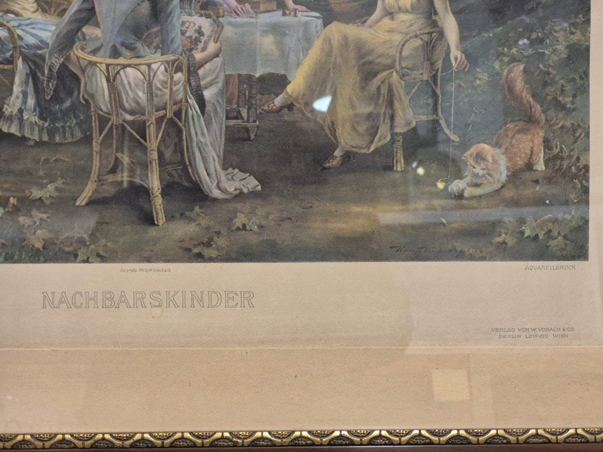 Aquarelldruck Nachbarskinder Hermann Koch W.Vobach antik Gründerzeit Holzrahmen