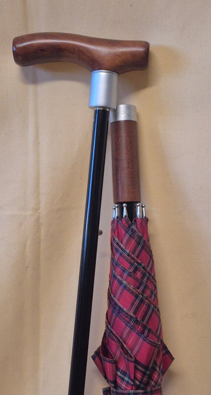 Gehstock mit Regenschirm Royal Tartan Holzgriff Schirm 2in1 Spazierstock rot