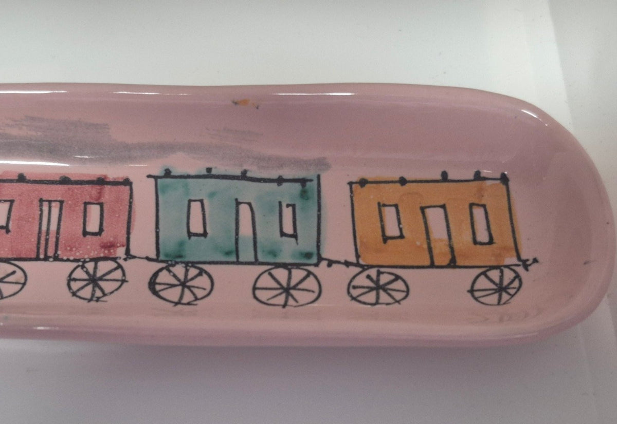 Keramik Schale Eisenbahn Motiv Italy 95/349 rosa lang Mid Century 21 cm lang
