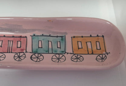 Keramik Schale Eisenbahn Motiv Italy 95/349 rosa lang Mid Century 21 cm lang