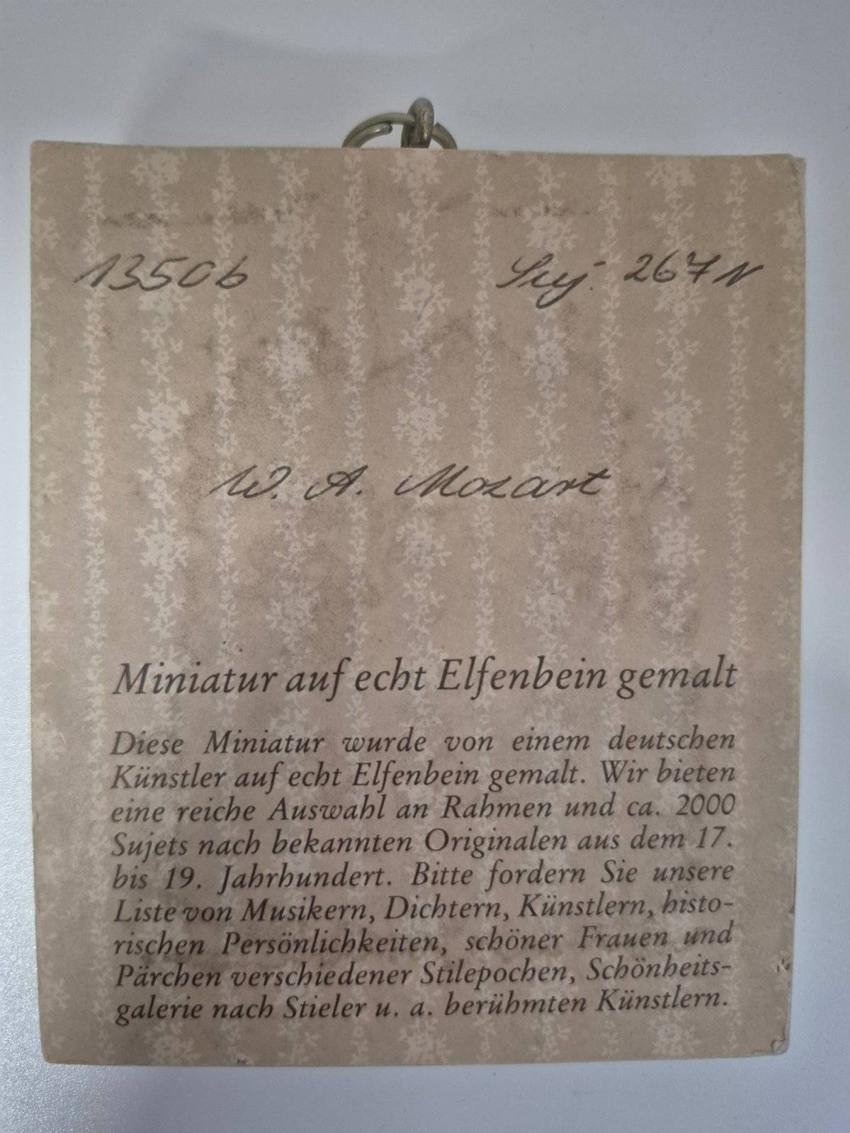 Lupenmalerei Miniatur auf Elfenbein gemalt W. A. Mozart Portrait Rahmen