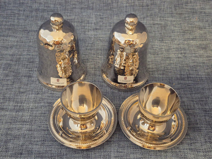 Lambert Eierbecher Set 2x gehämmert Metall Haube Unterteller silber neuwertig