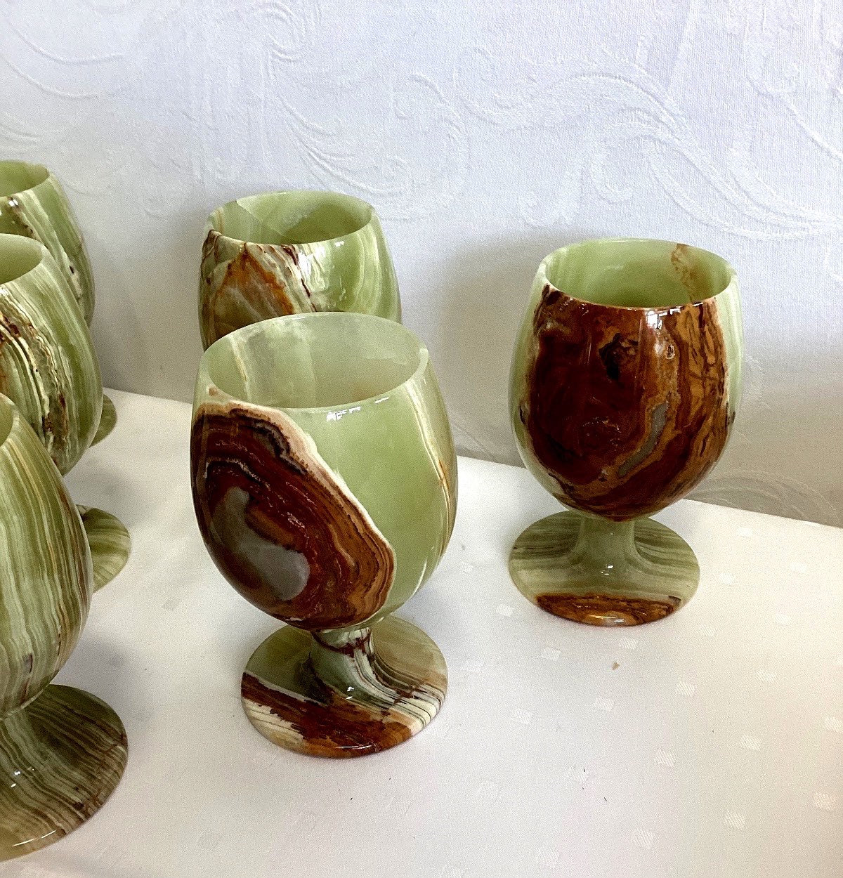 6x Onyx Marmor Kelche Weinkelche Becherset grün braun vintage Naturstein, H 10cm
