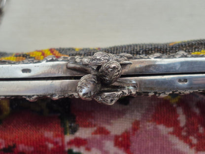 Glasperlenstickerei Abendtasche 800 Silber Rahmen Engel Blumen Jugendstil 1900