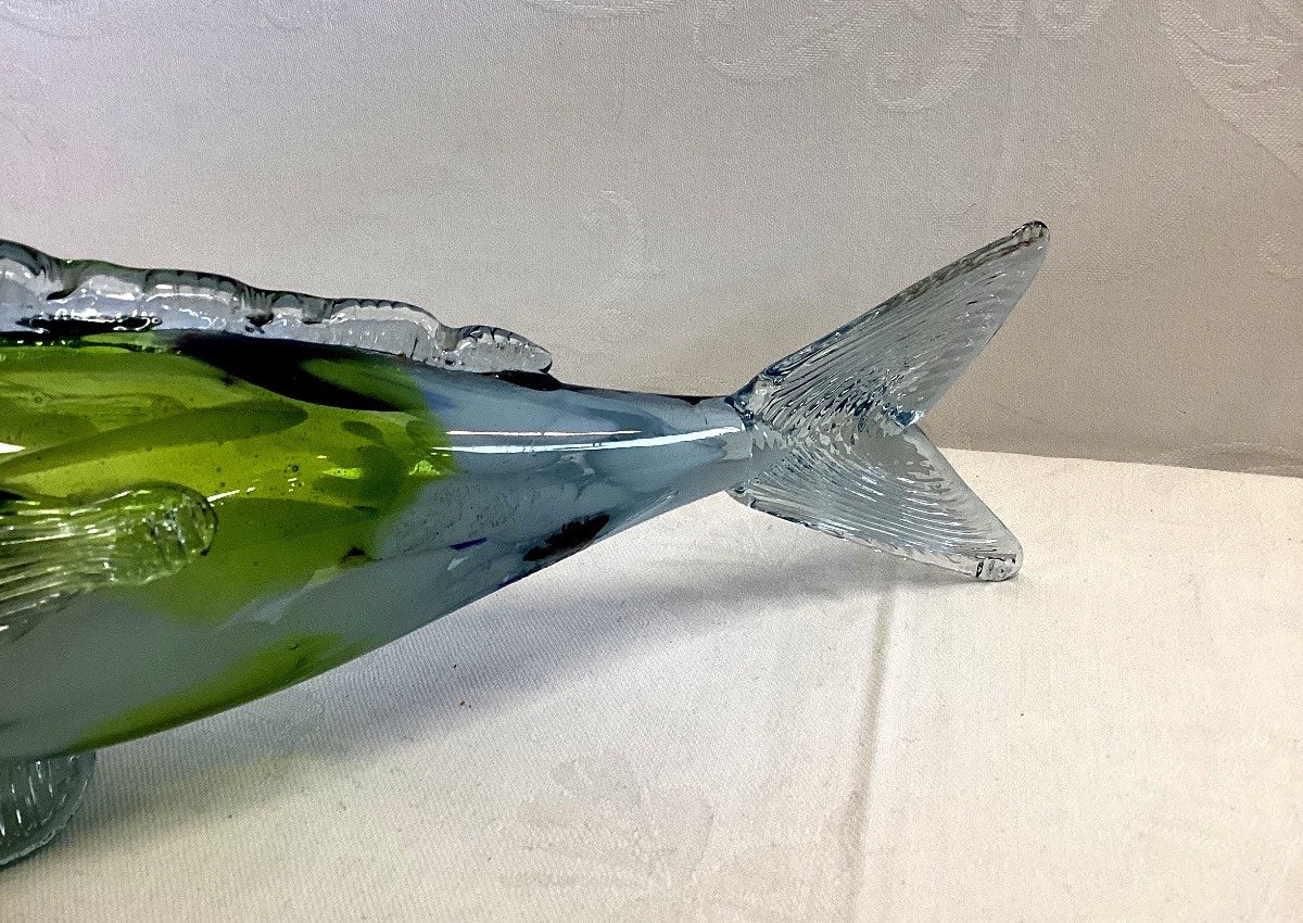 Glasskulptur Fisch mundgeblasen Murano-Stil Sommerso blau grün Deko