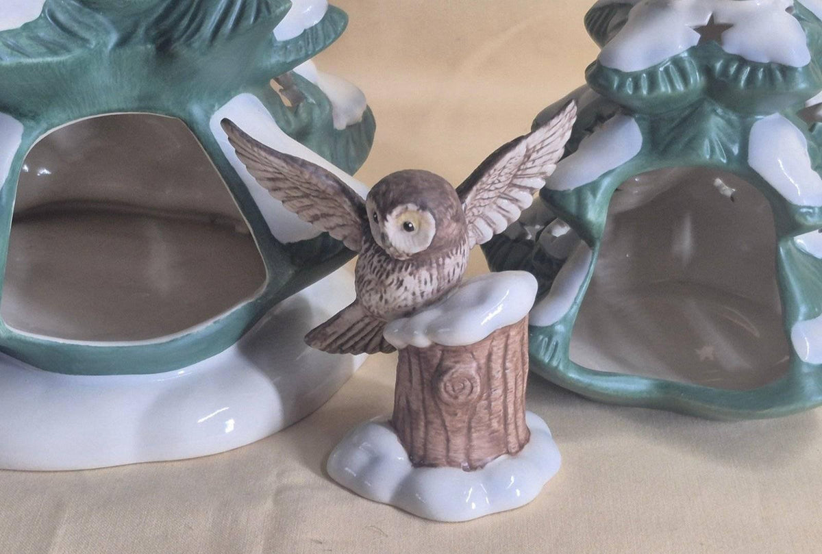 Goebel Weihnacht Porzellan Set 2 Tannenbäume + Eule Figur Teelicht Weihnachten