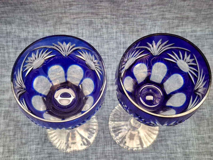 2x Kristall Weinglas Überfangglas Kobaltblau Schliff Vintage Kelchglas Set