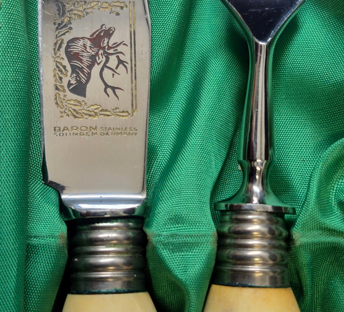 Baron Solingen Tranchier-Set Hirschhorn Jagd Messer Gabel Stainless Germany