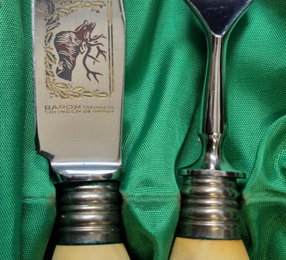Baron Solingen Tranchier-Set Hirschhorn Jagd Messer Gabel Stainless Germany