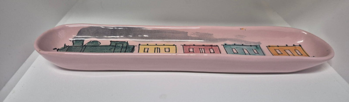 Keramik Schale Eisenbahn Motiv Italy 95/349 rosa lang Mid Century 21 cm lang