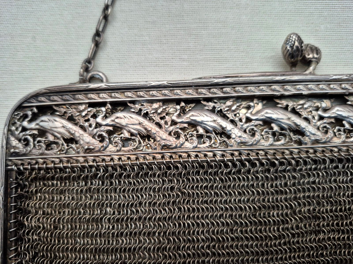 Antike Silber Mesh Abendtasche Kettentasche Jugendstil Vögel Dekor um 1900
