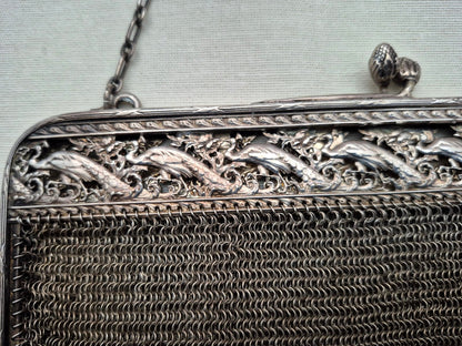 Antike Silber Mesh Abendtasche Kettentasche Jugendstil Vögel Dekor um 1900