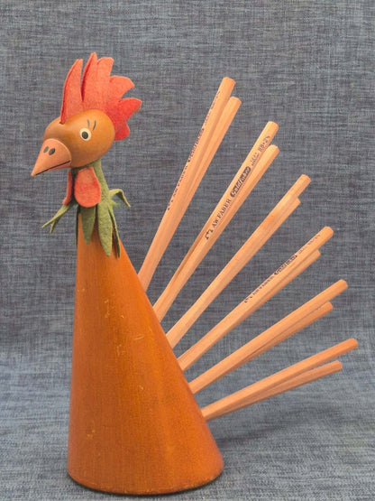 Wackelkopfhahn - Bobble Head - Buntstifthalter - Holz - Denmark - Mid Century