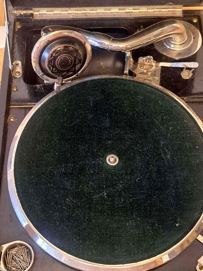 Limania Splendid Koffergrammophon ca 1920 + Schellackplatten Konvolut Bastler