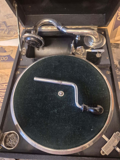 Limania Splendid Koffergrammophon ca 1920 + Schellackplatten Konvolut Bastler