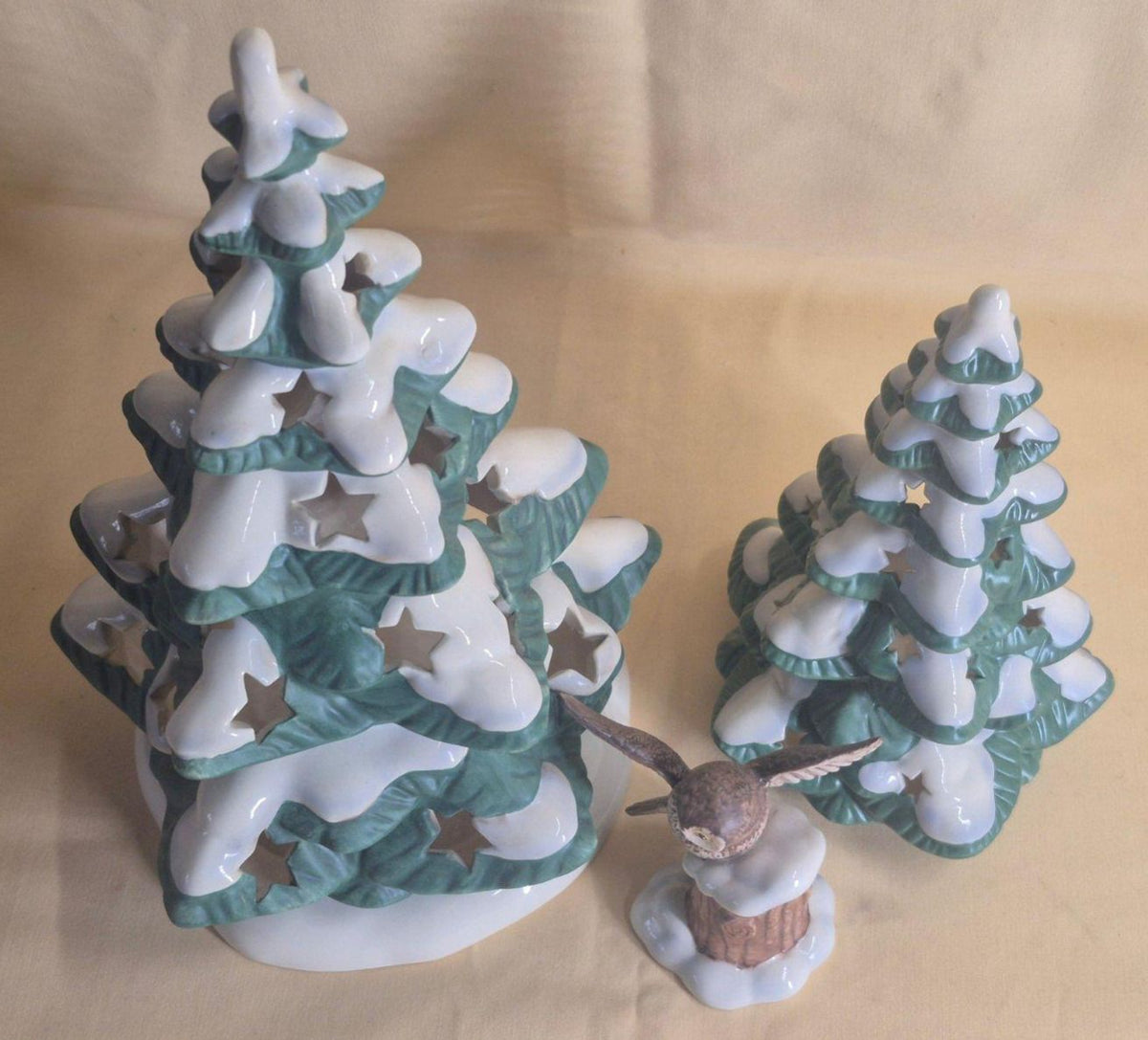 Goebel Weihnacht Porzellan Set 2 Tannenbäume + Eule Figur Teelicht Weihnachten
