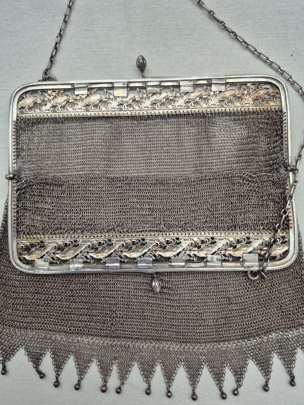 Antike Silber Mesh Abendtasche Kettentasche Jugendstil Vögel Dekor um 1900