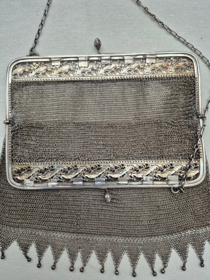 Antike Silber Mesh Abendtasche Kettentasche Jugendstil Vögel Dekor um 1900
