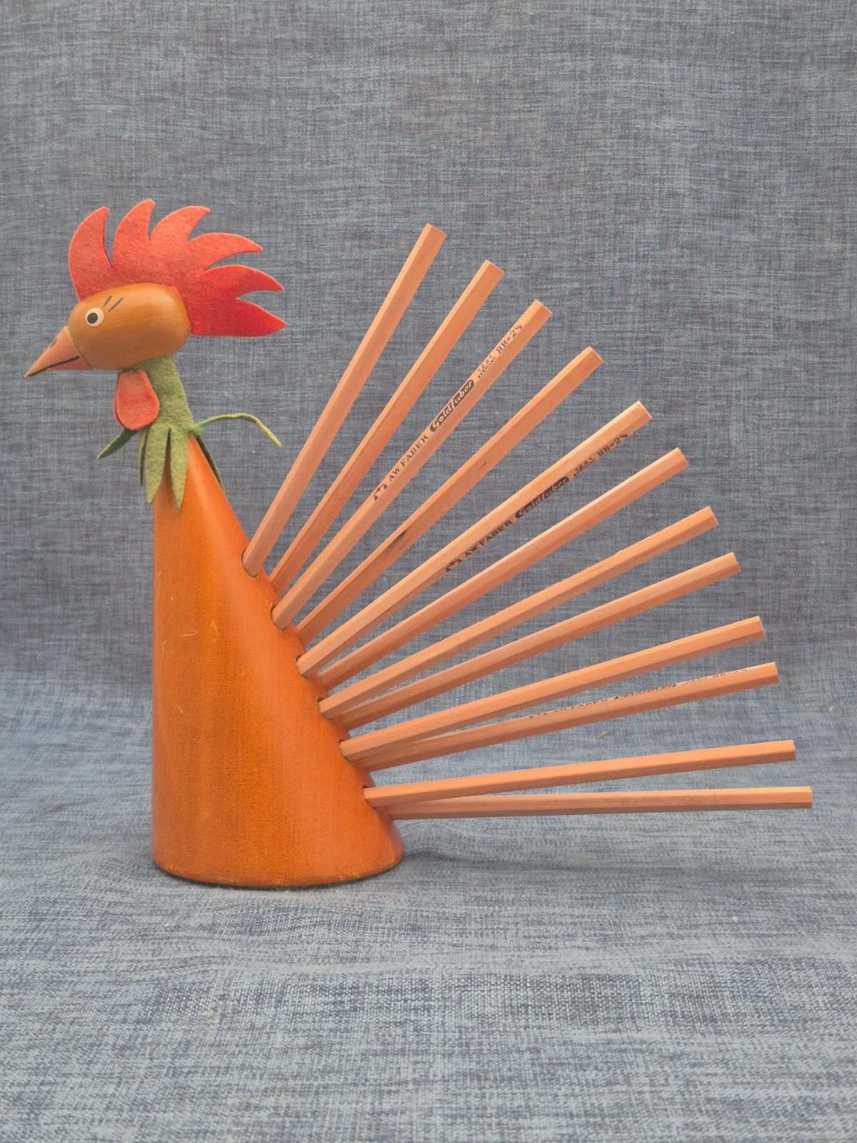 Wackelkopfhahn - Bobble Head - Buntstifthalter - Holz - Denmark - Mid Century