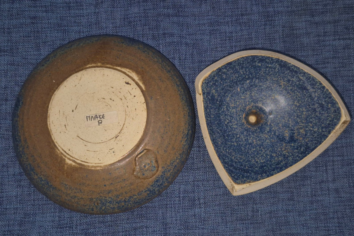 Keramik Deckeldose blau-braun gespenkelt Metallgriff Unikat Studio Vintage