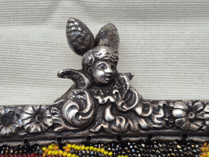Glasperlenstickerei Abendtasche 800 Silber Rahmen Engel Blumen Jugendstil 1900